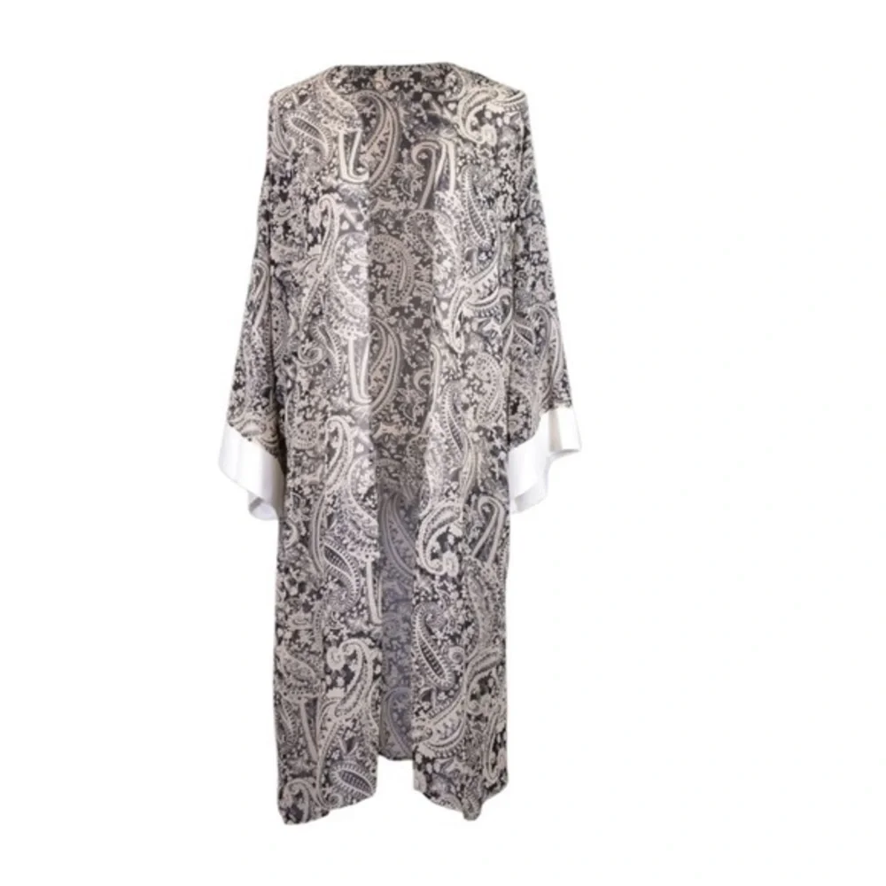 AUDREY Black and gold Paisley Print Open Front Cuff Sleeve Chiffon Long Kimono.